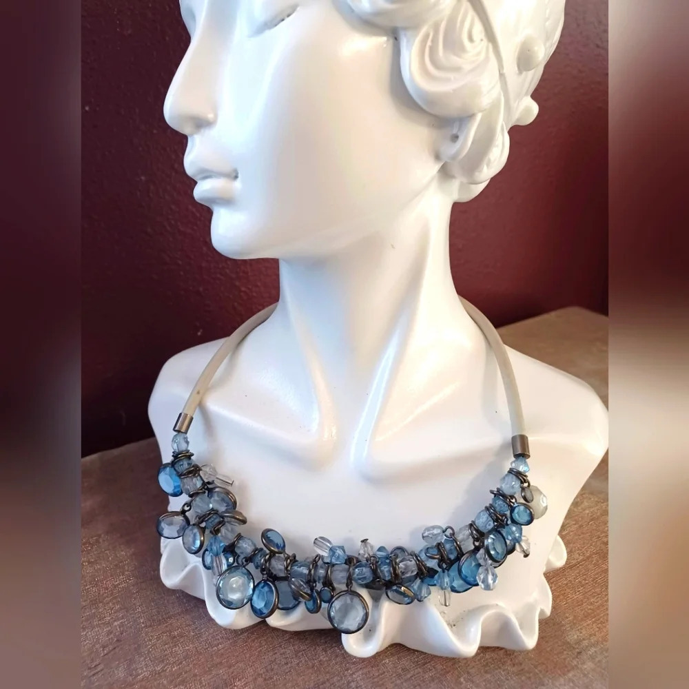 Vintage Blue Clear Crystal Choker Collar Necklace